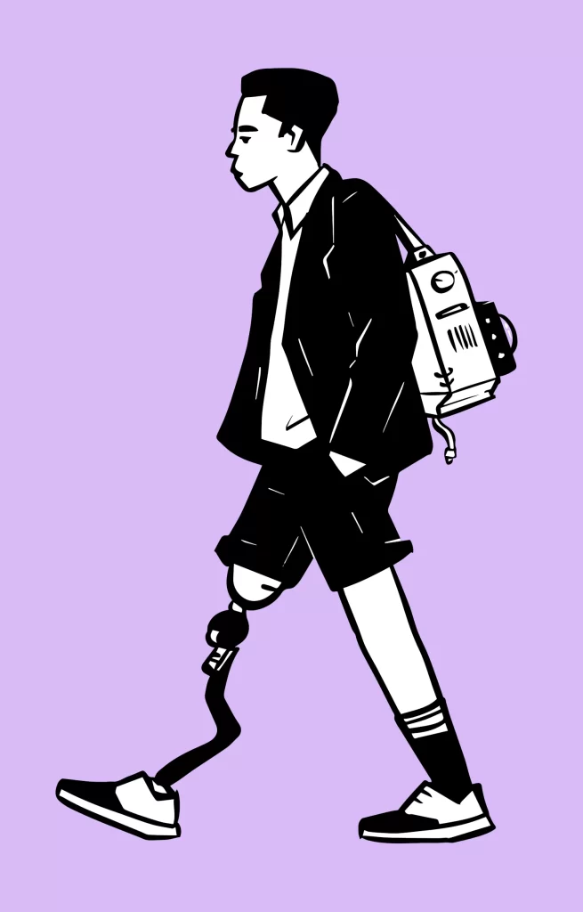 una ilustración en blanco y negro de una persona joven caminando, con una pierna protésica y una mochila en la espalda, sobre un fondo lila.